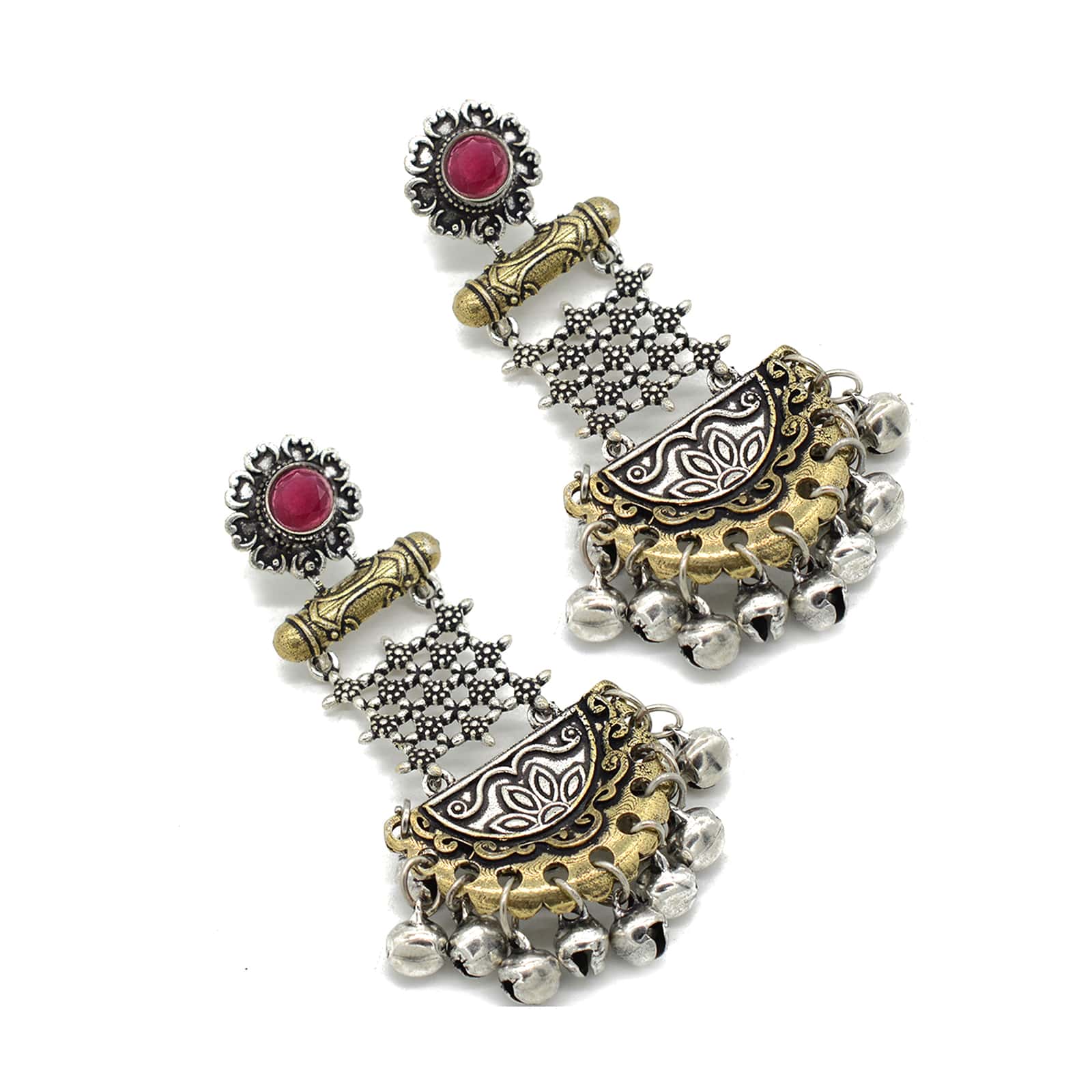 Geometric Red Dual Tone Earrings - Image 4