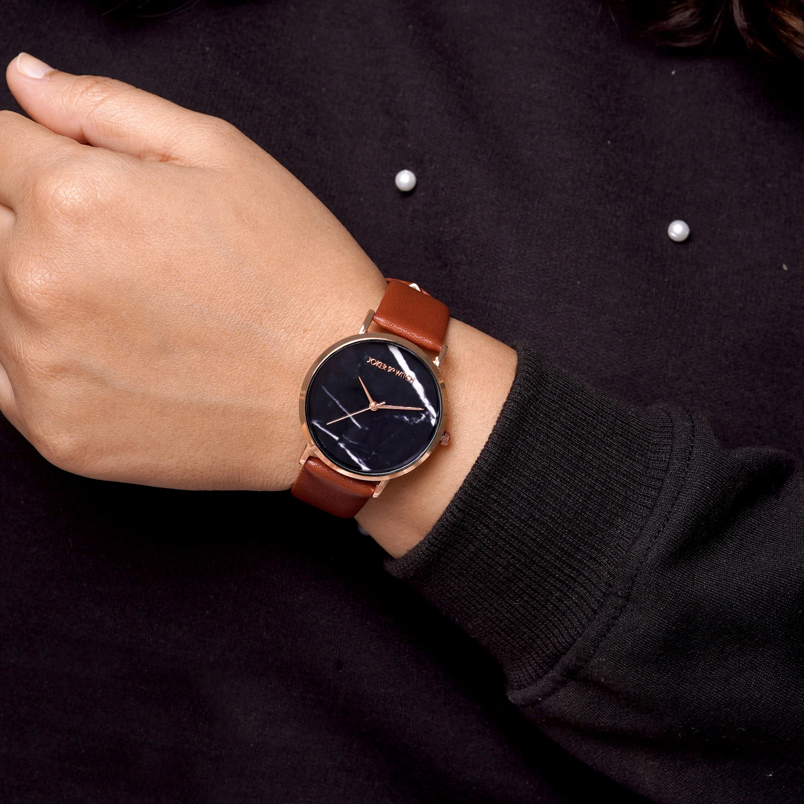 Giselle Black Medium Marble Dial Brown PU Strap Women's Watch - Image 2