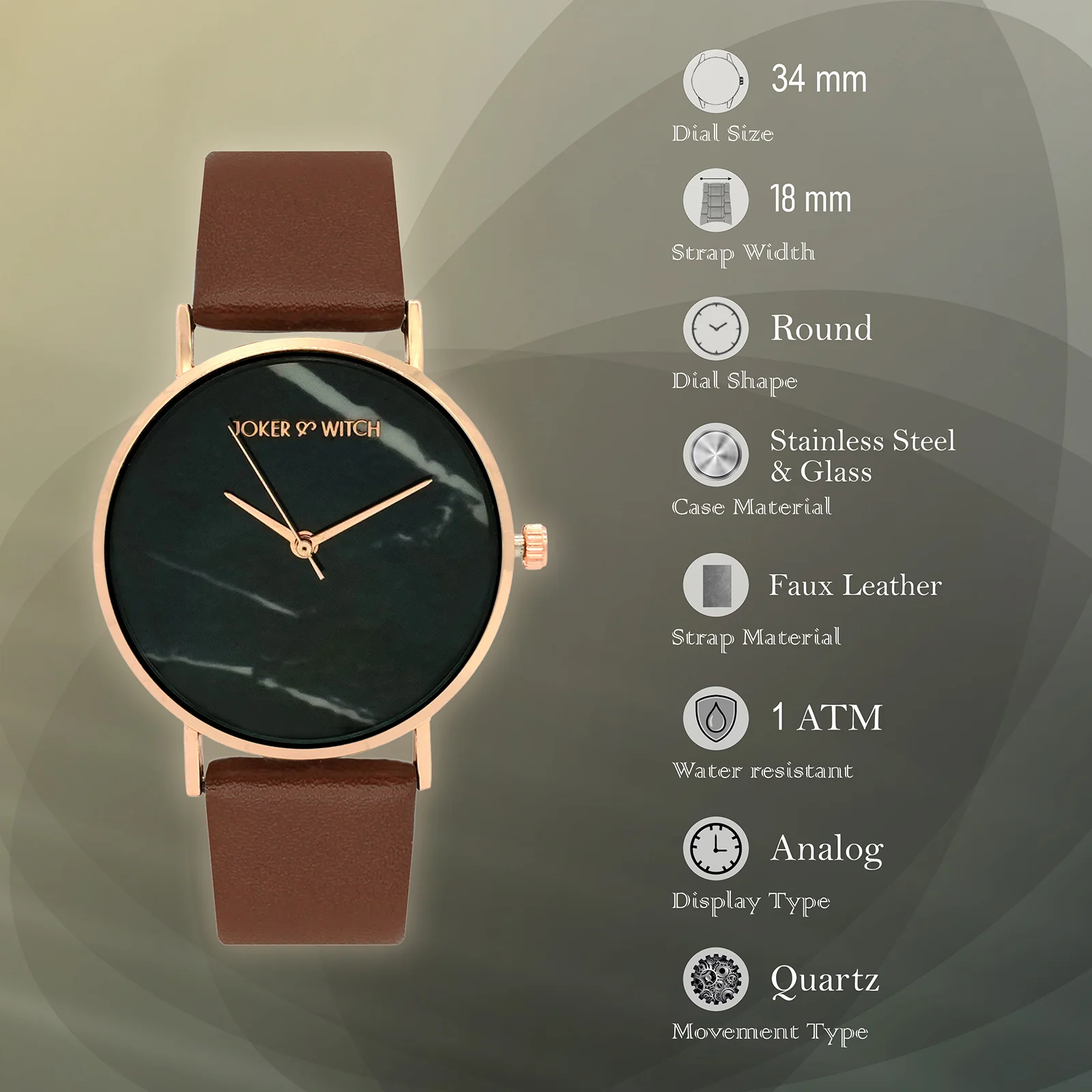 Giselle Black Medium Marble Dial Brown PU Strap Women's Watch - Image 6
