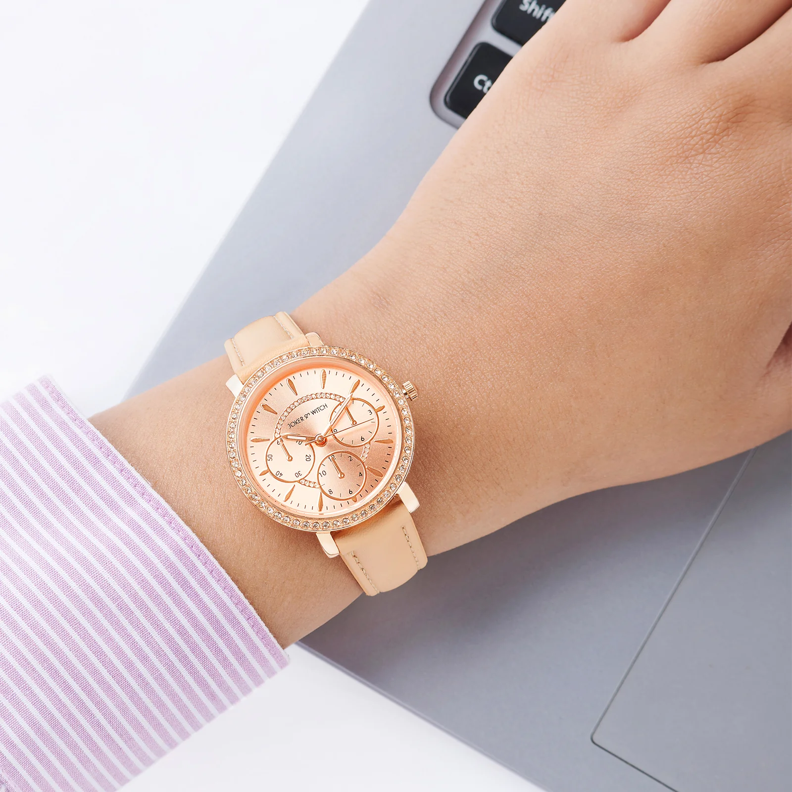 Giselle Beige Medium Rhinestone Dial PU Strap Women's Watch - Image 2