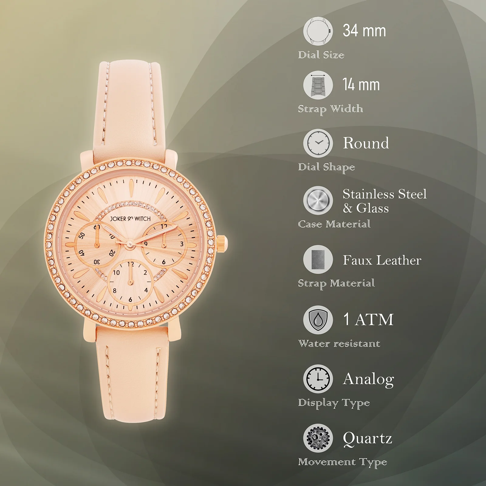 Giselle Beige Medium Rhinestone Dial PU Strap Women's Watch - Image 7