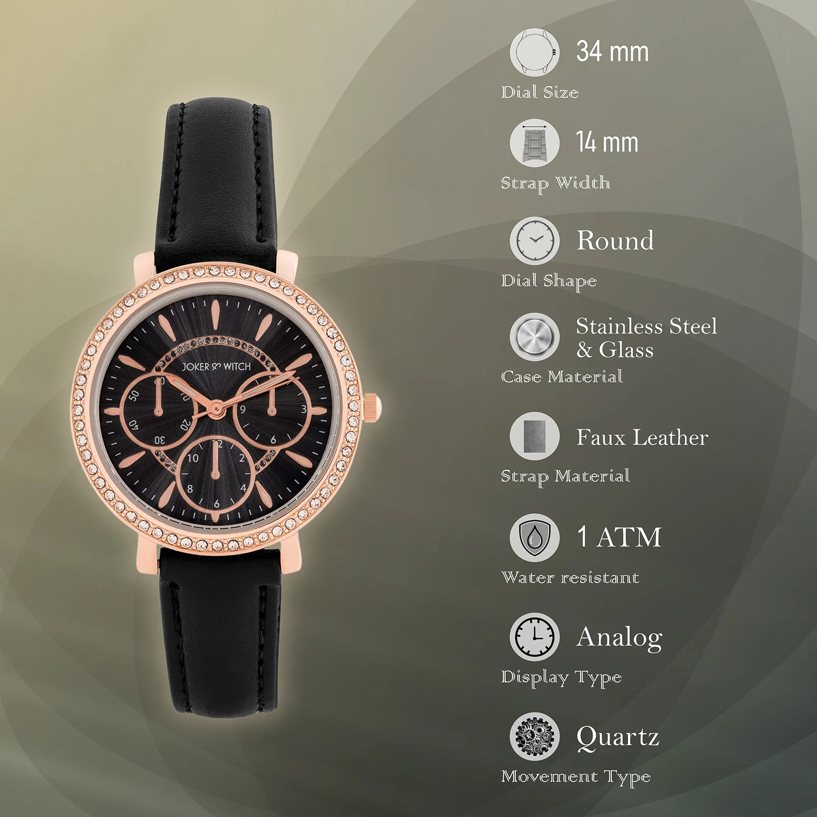 Giselle Black Medium Rhinestone Dial PU Strap Women's Watch - Image 7