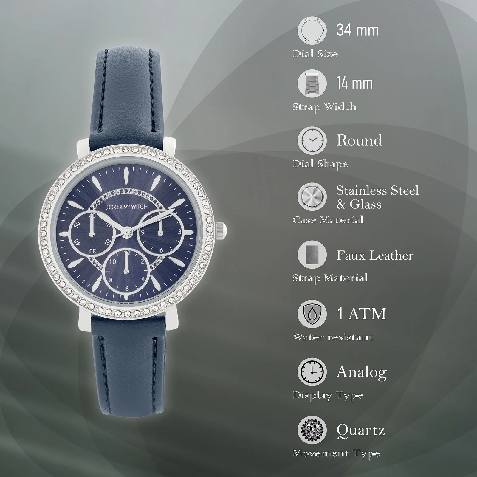 Giselle Blue Medium Rhinestone Dial PU Strap Women's Watch - Image 7