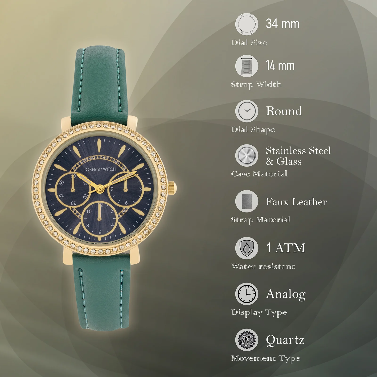 Giselle Green Medium Rhinestone Dial PU Strap Women's Watch - Image 7