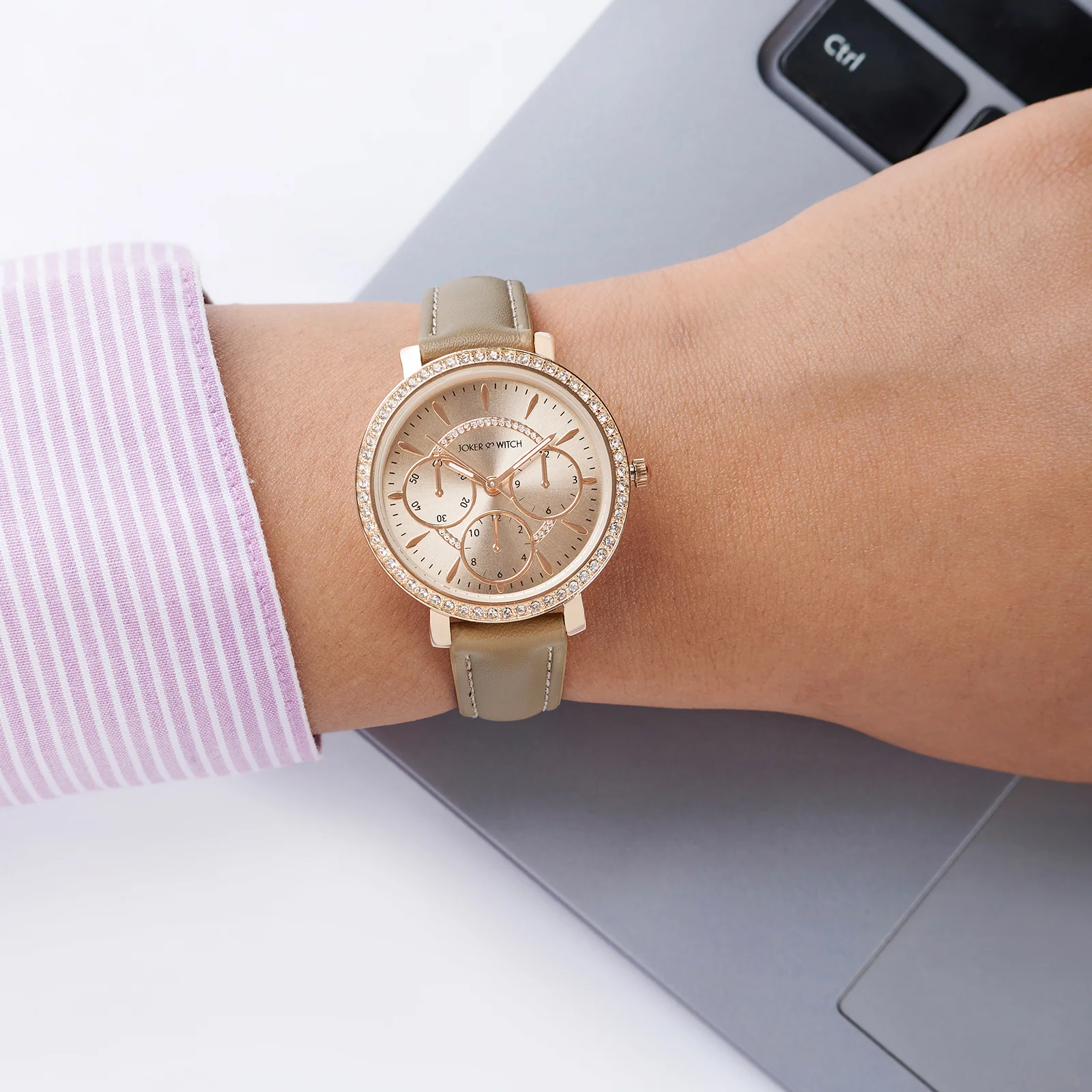 Giselle Taupe Medium Rhinestone Dial PU Strap Women's Watch - Image 2