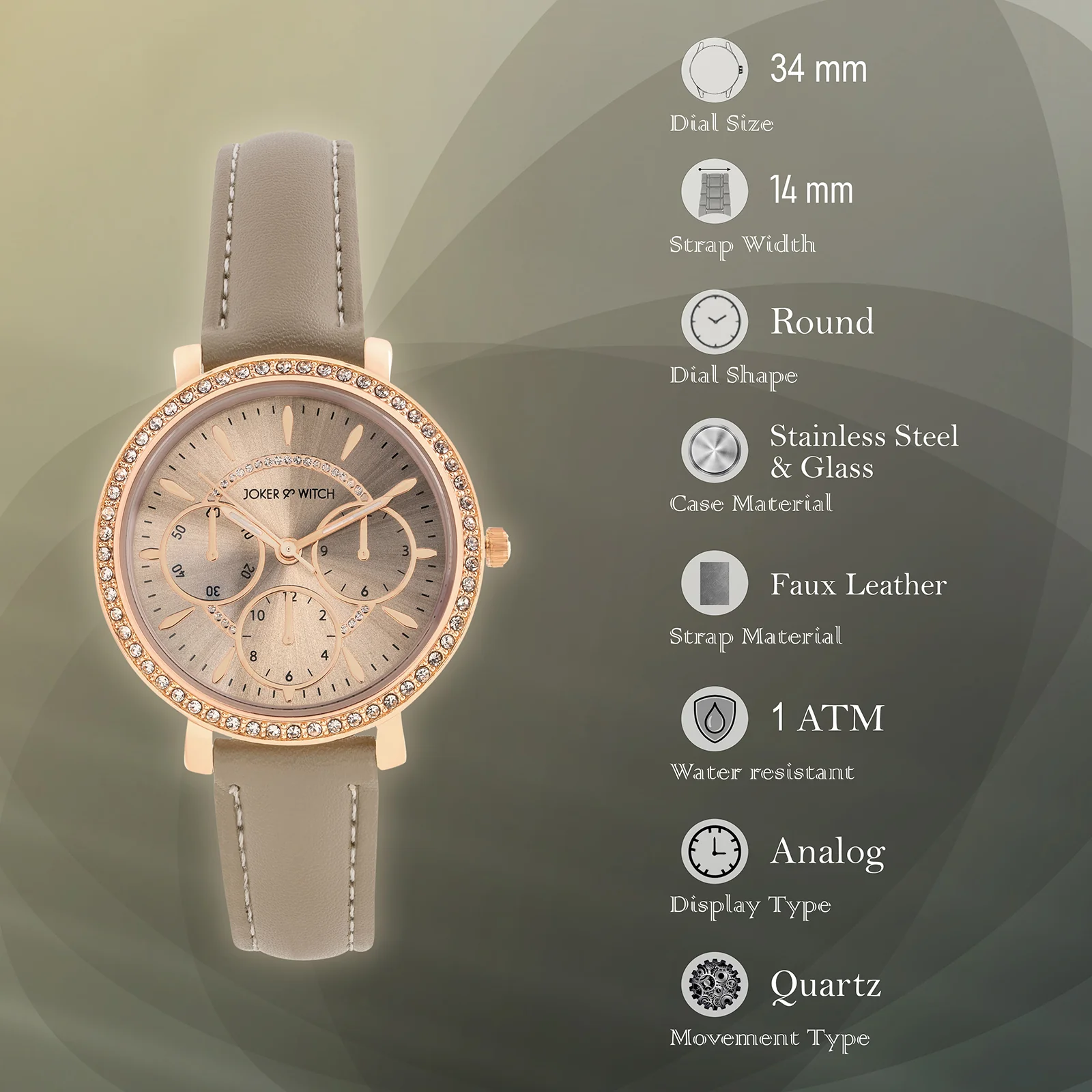 Giselle Taupe Medium Rhinestone Dial PU Strap Women's Watch - Image 7