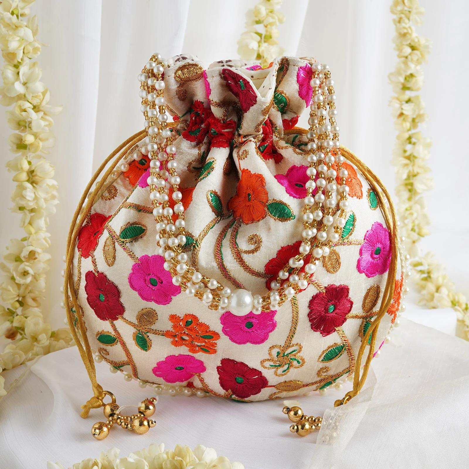 Glittering Garden Pink and Orange Embroidered Potli Bag - Image 2
