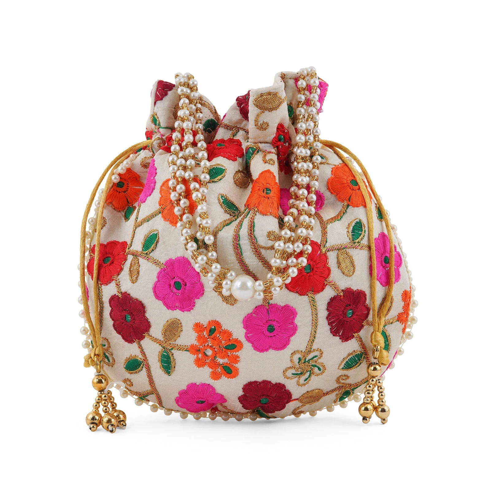 Glittering Garden Pink and Orange Embroidered Potli Bag - Image 3