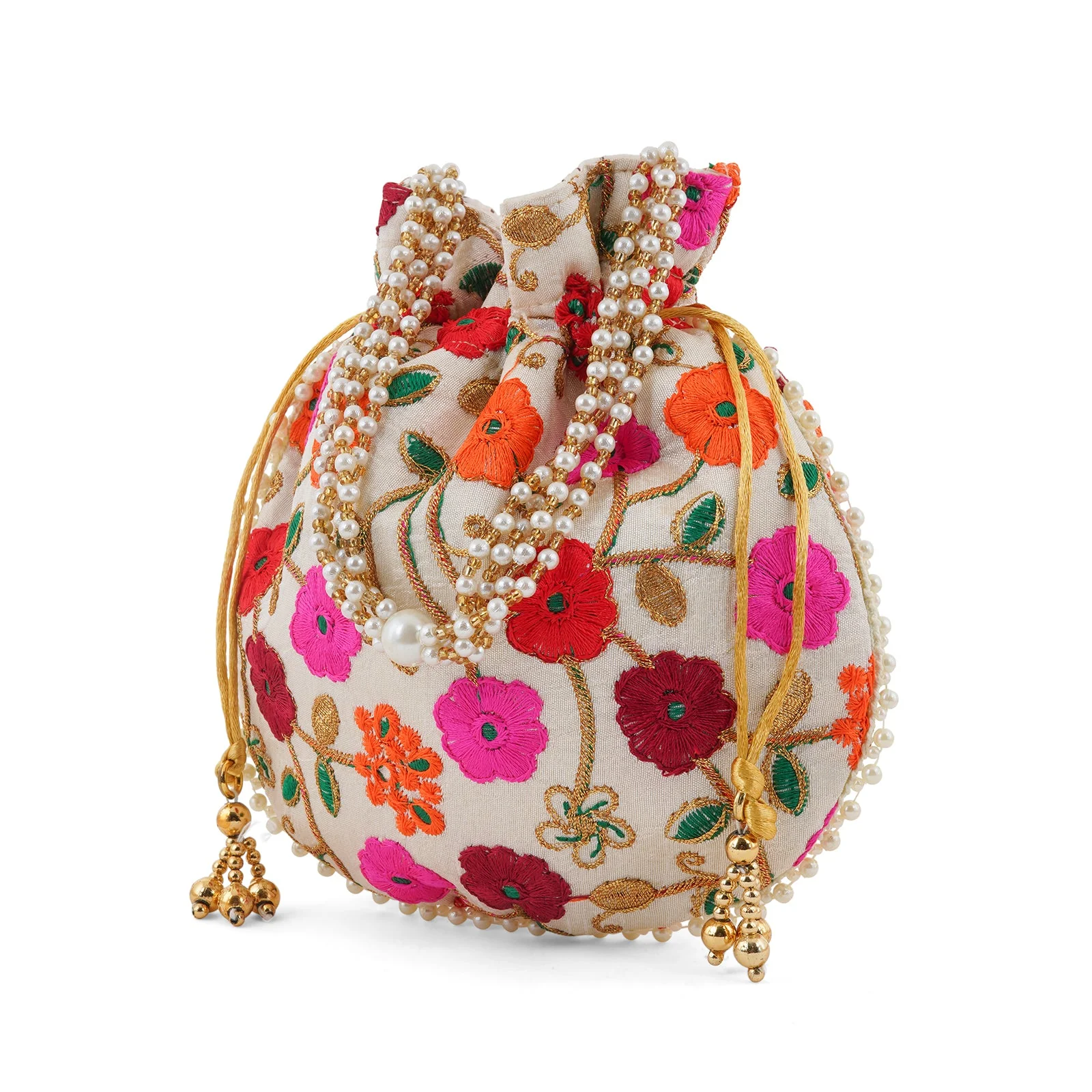 Glittering Garden Pink and Orange Embroidered Potli Bag - Image 4
