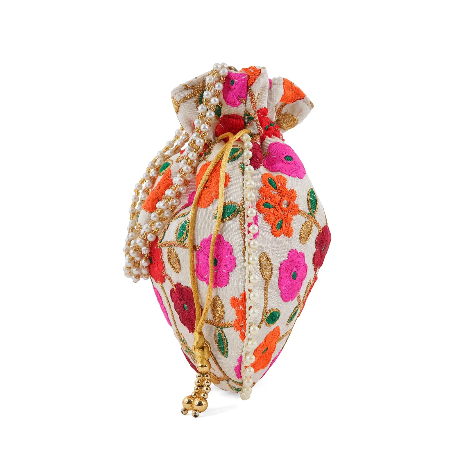 Glittering Garden Pink and Orange Embroidered Potli Bag - Image 5