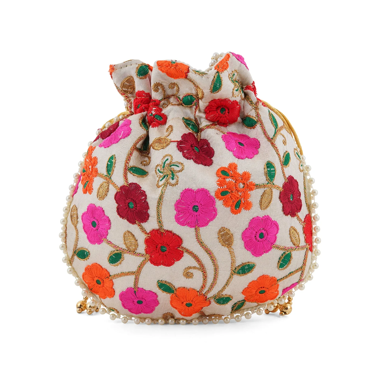 Glittering Garden Pink and Orange Embroidered Potli Bag - Image 6