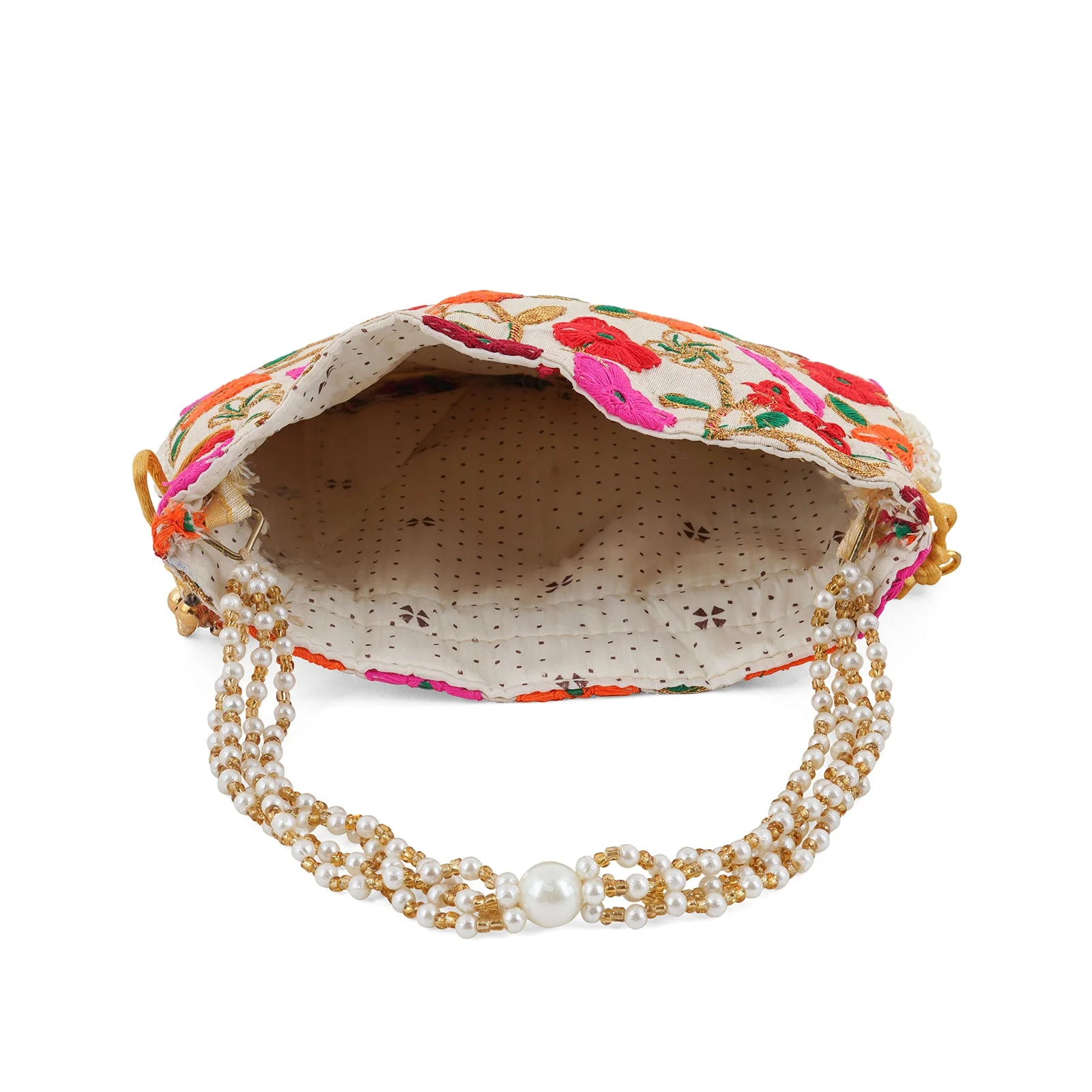Glittering Garden Pink and Orange Embroidered Potli Bag - Image 7