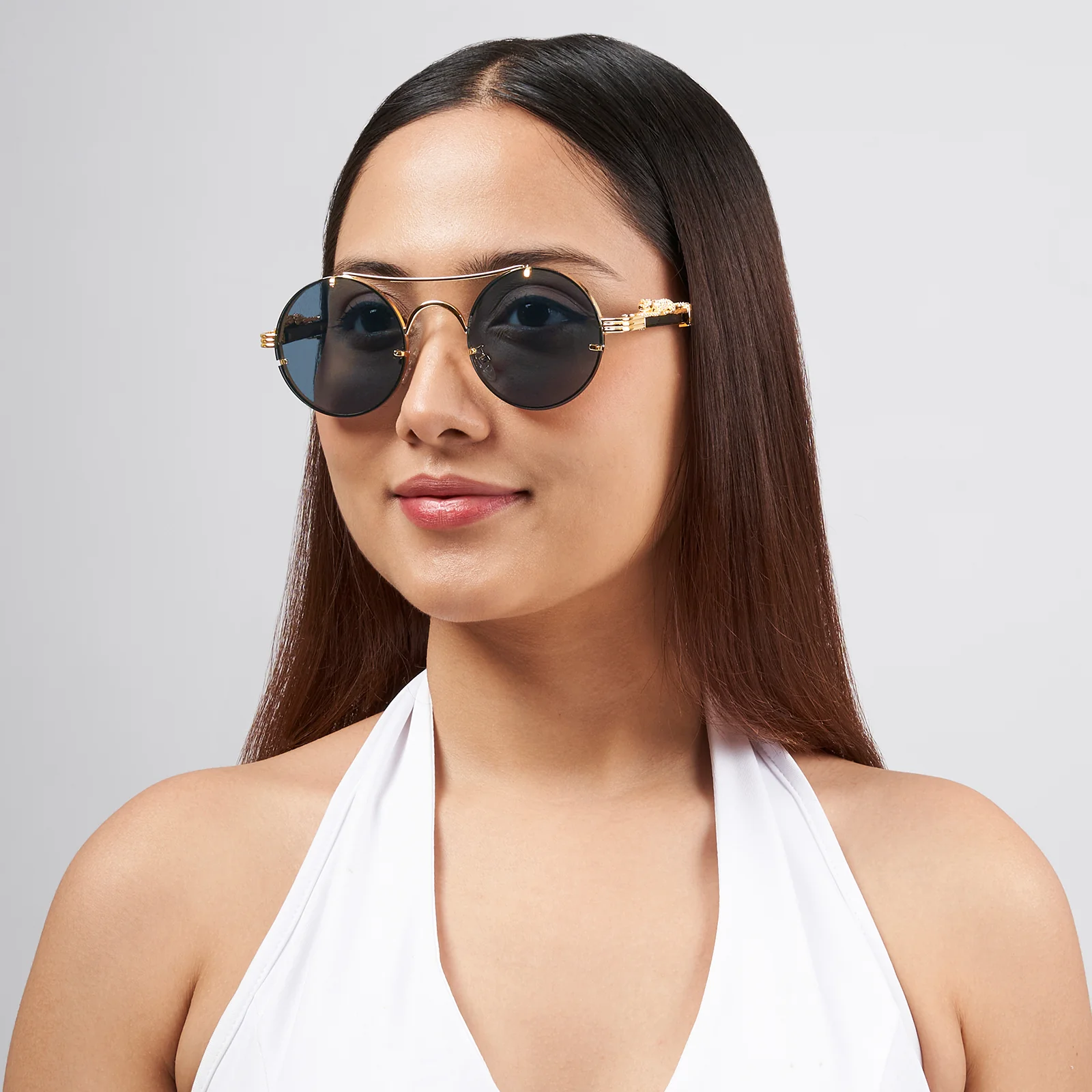 Glow Up Round Black Sunglasses with Jaguar Accents - Image 2