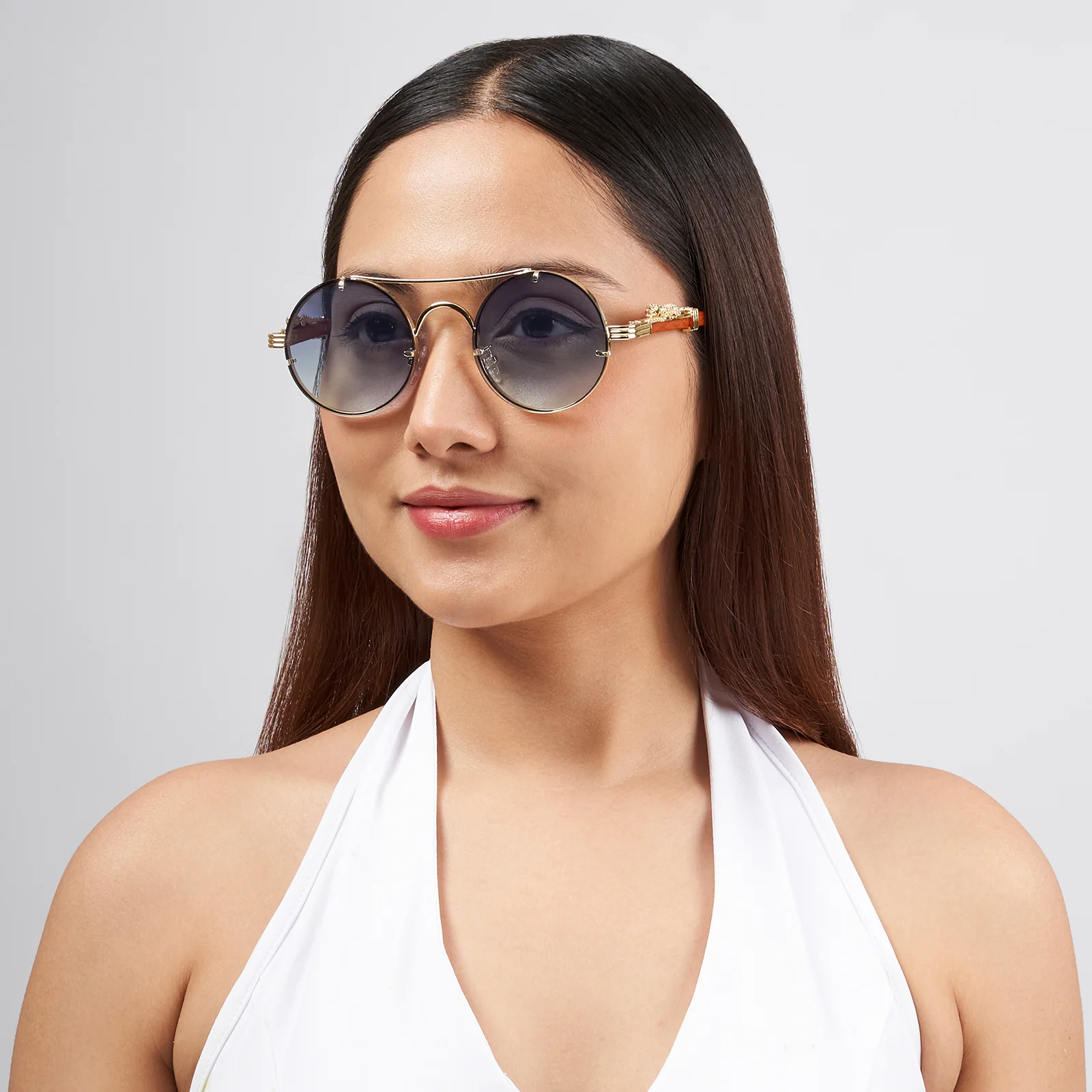 Glow Up Round Purple Sunglasses with Jaguar Accents - Image 2
