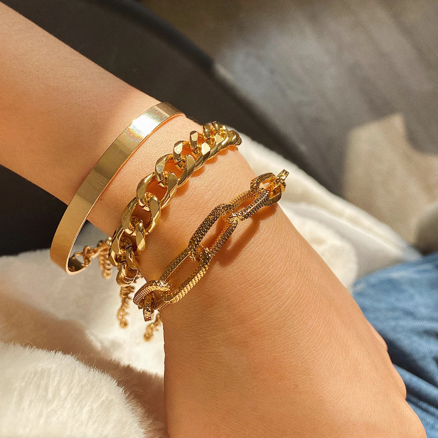 Gold Chunky Chain Link Set of 3 Bracelets - Image 2