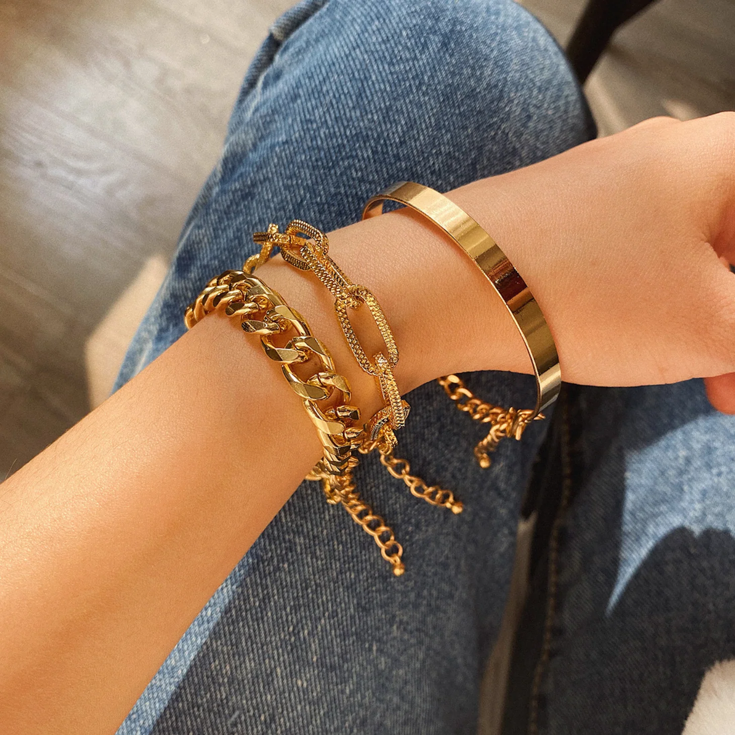 Gold Chunky Chain Link Set of 3 Bracelets - Image 3