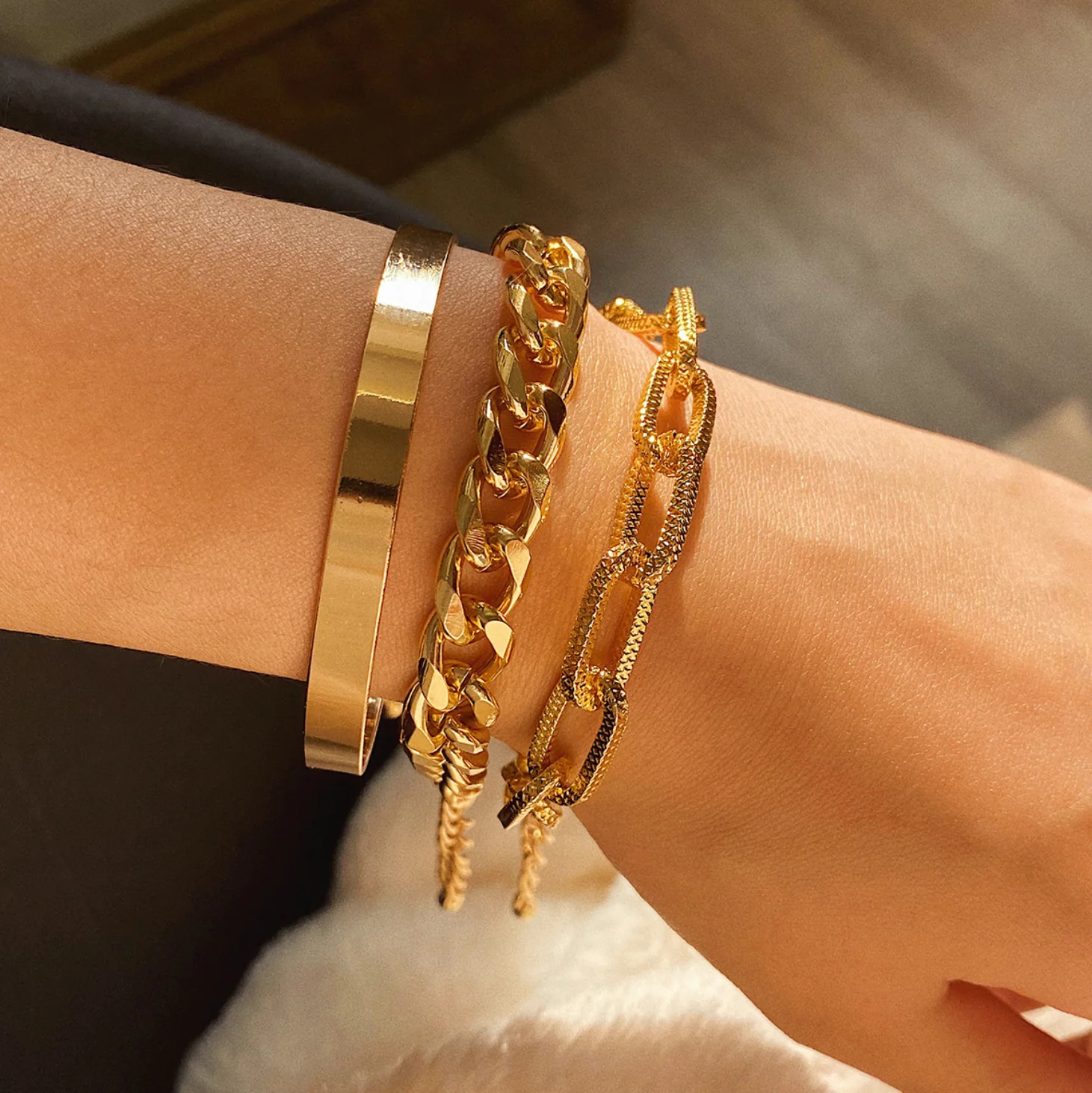 Gold Chunky Chain Link Set of 3 Bracelets - Image 4