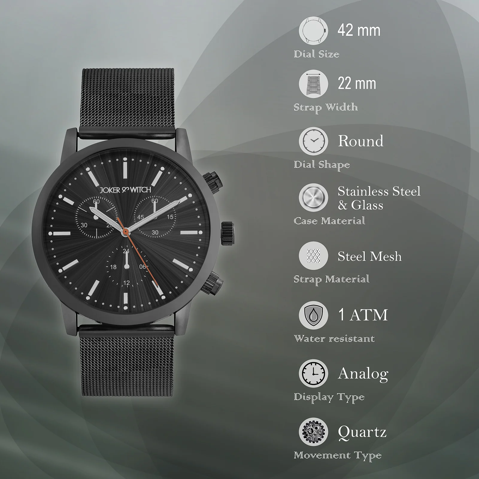 Granite Black Large Dial Mesh Strap Men's Watch - Image 7