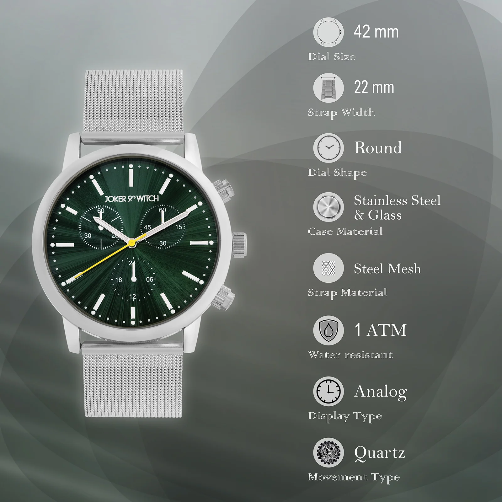 Granite Green Large Dial Silver Mesh Strap Men's Watch - Image 7