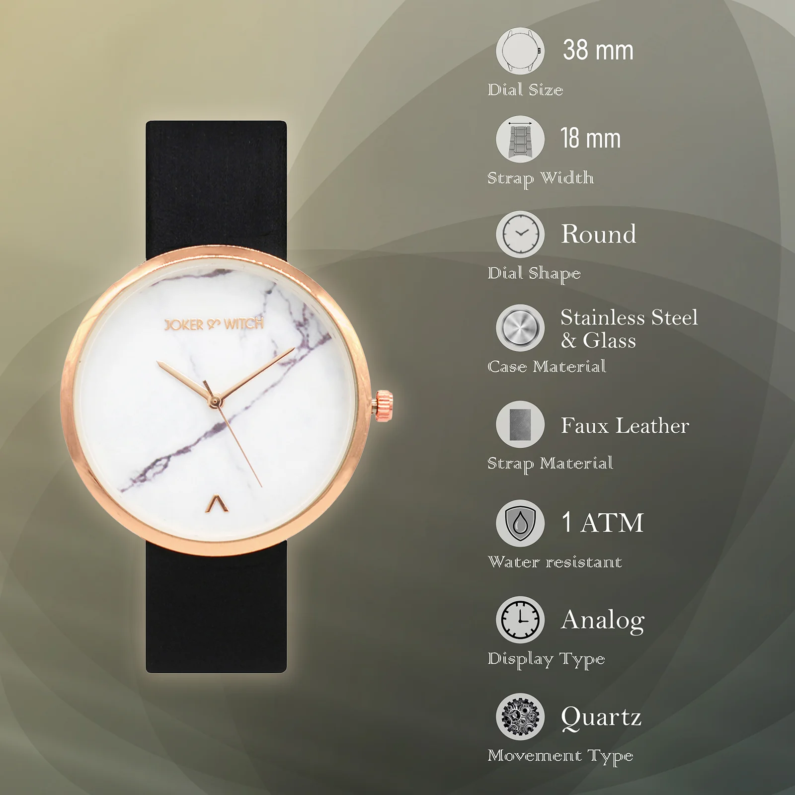 Hailey White Large Marble Dial Black PU Strap Women's Watch - Image 7