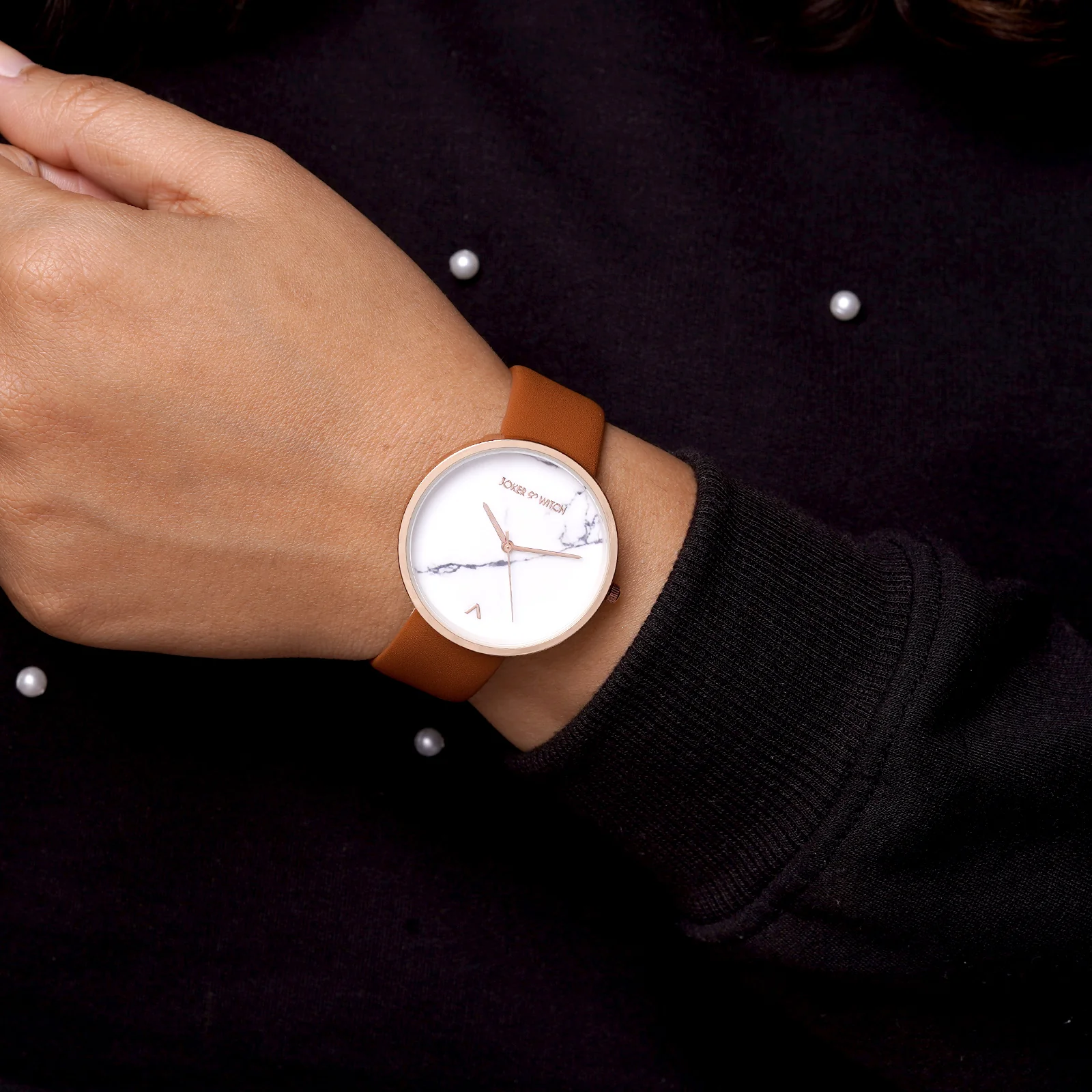 Hailey White Large Marble Dial Tan PU Strap Women's Watch - Image 2