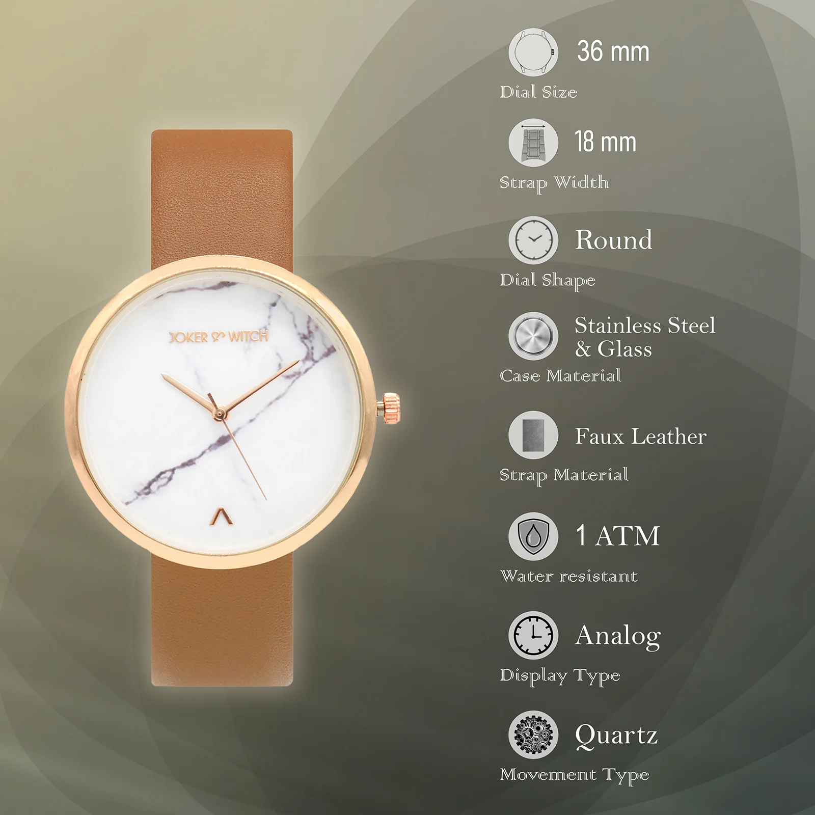 Hailey White Large Marble Dial Tan PU Strap Women's Watch - Image 5