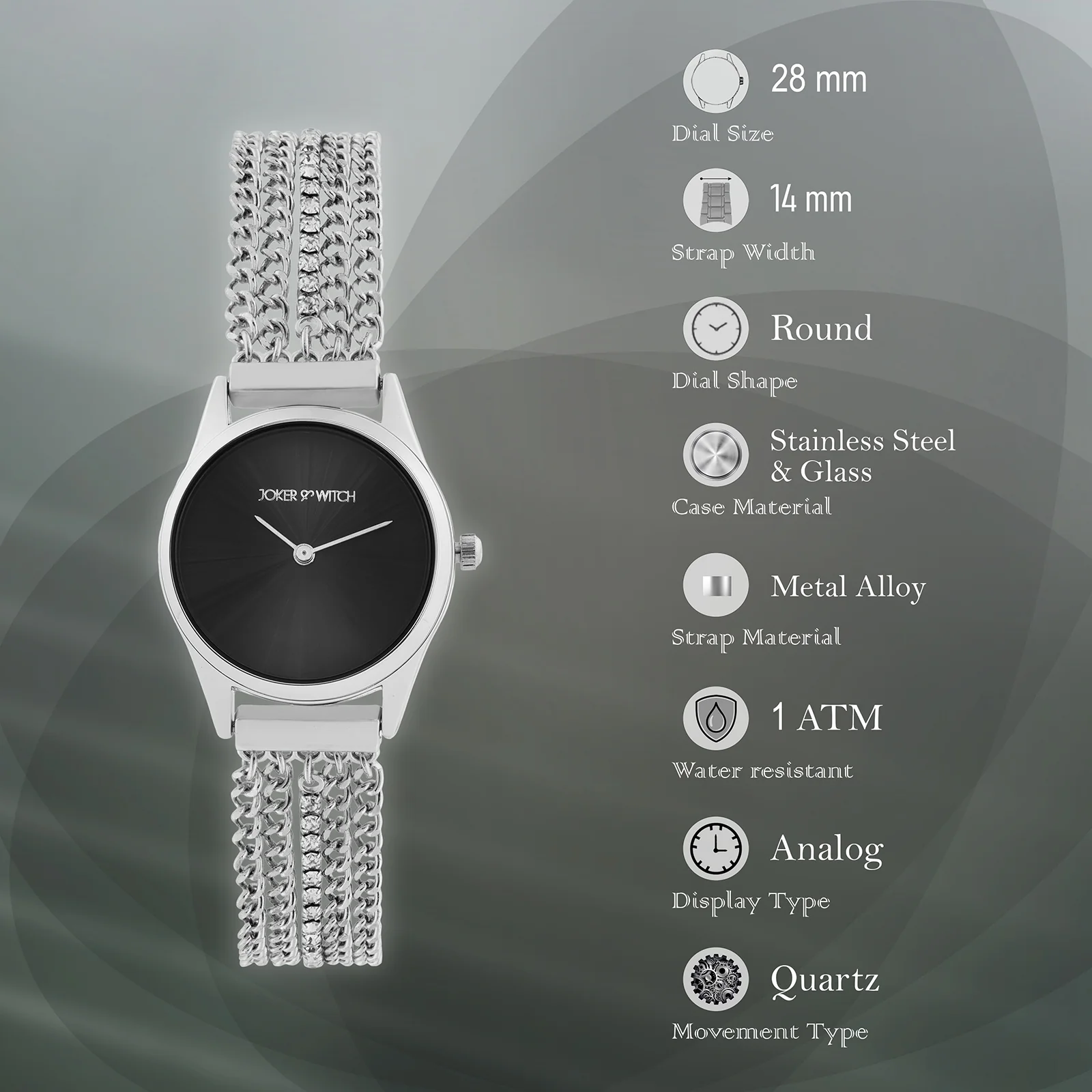 Haisley Black Small Dial Silver Chain Strap Women's Watch - Image 8