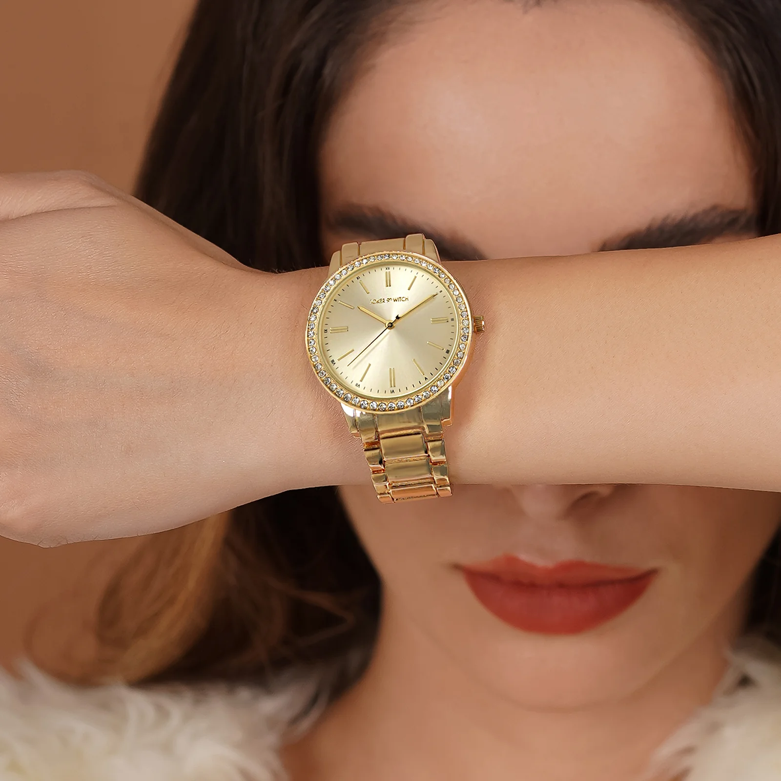 Halo Gold Large Rhinestone Dial Linked Chain Strap Women's Watch - Image 2