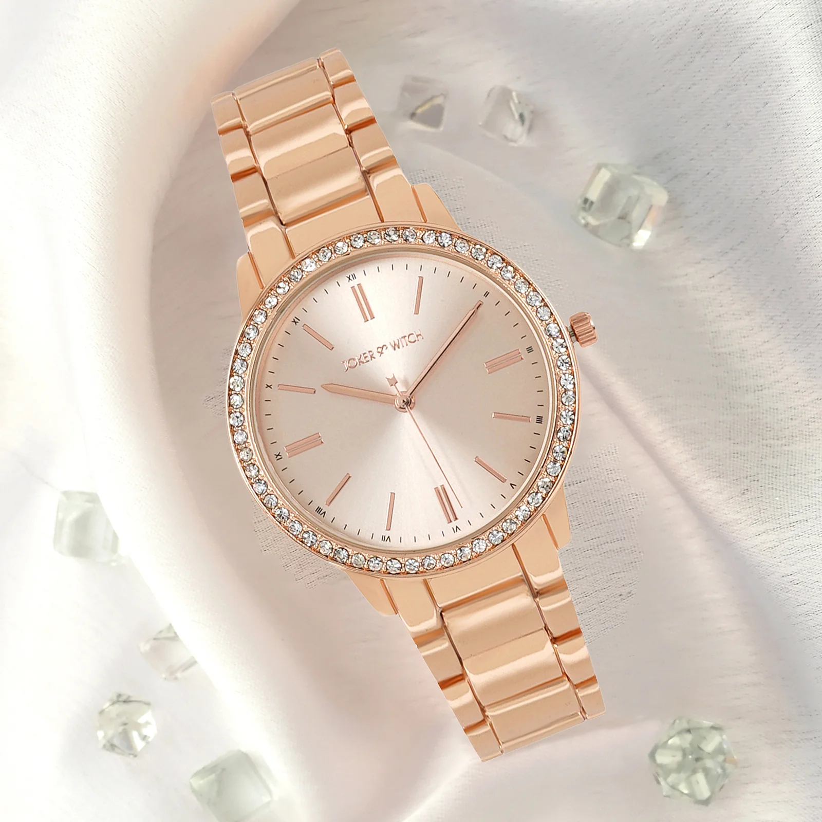 Halo Rose Gold Large Rhinestone Dial Linked Chain Strap Women's Watch - Image 2