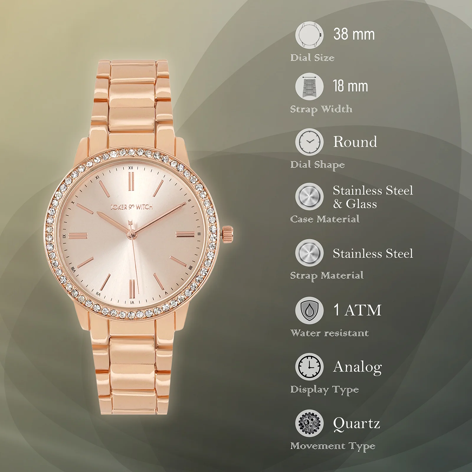 Halo Rose Gold Large Rhinestone Dial Linked Chain Strap Women's Watch - Image 7