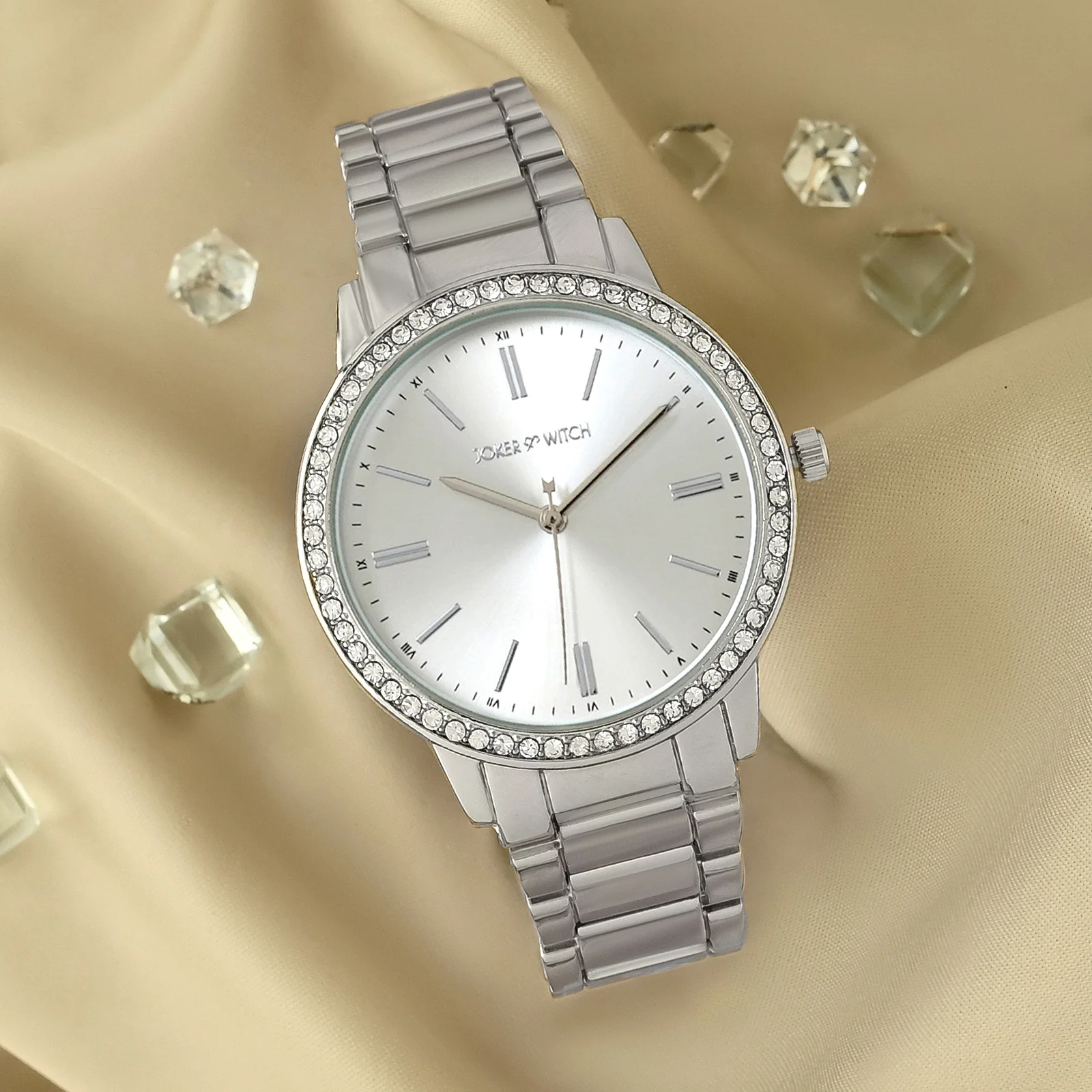 Halo Silver Large Rhinestone Dial Linked Chain Strap Women's Watch - Image 2