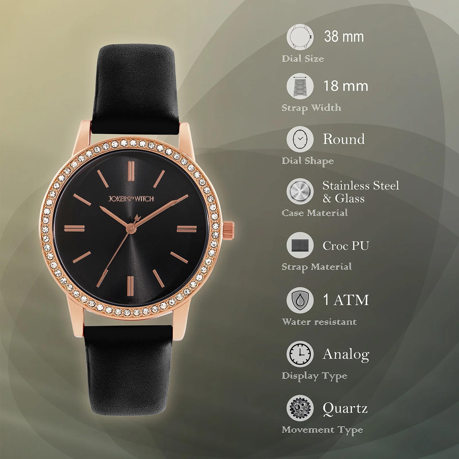 Halo Black Sunray Large Rhinestone Dial Black PU Strap Women's Watch - Image 7