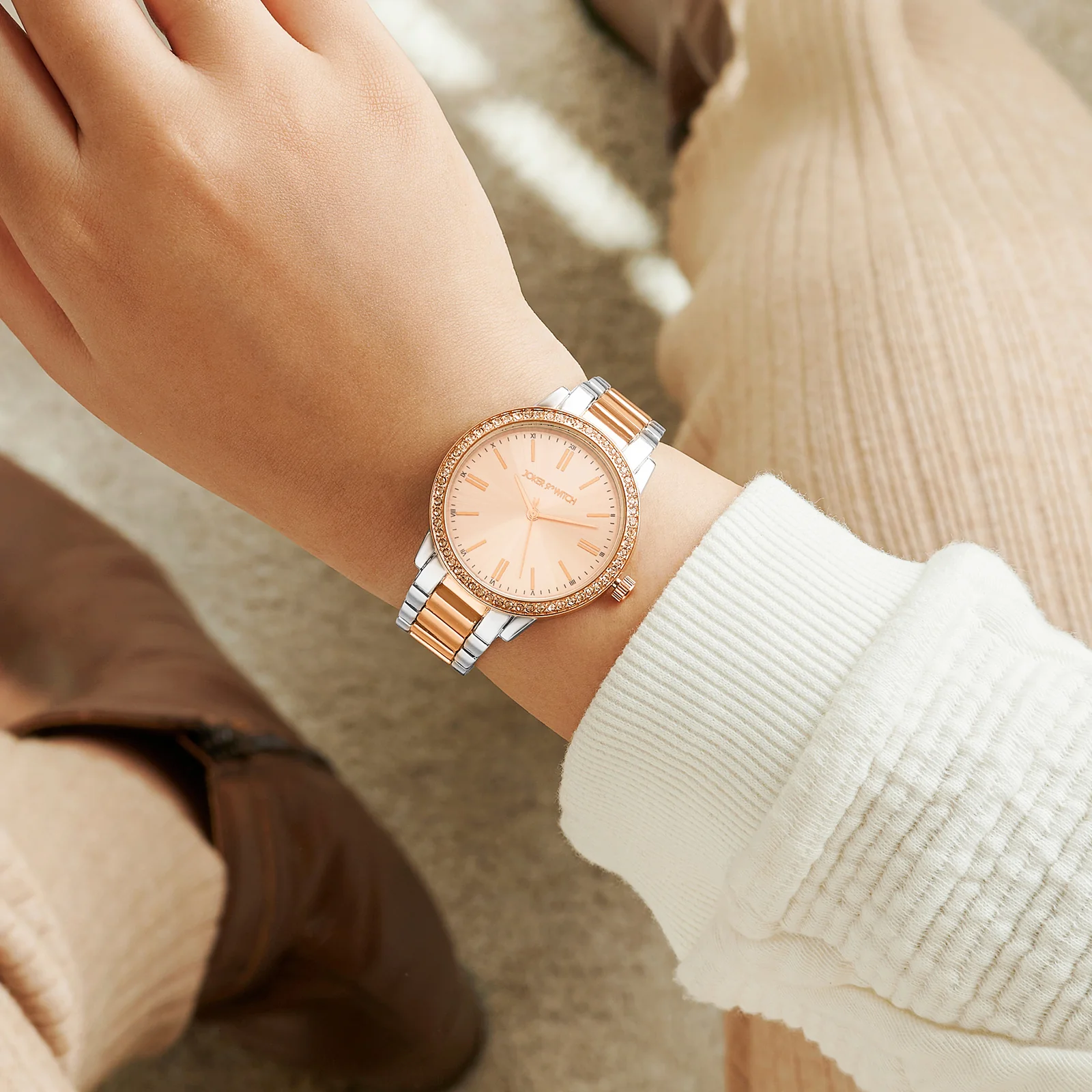 Halo Rose Gold Large Rhinestone Dial Dual Tone Linked Chain Strap Women's Watch - Image 2