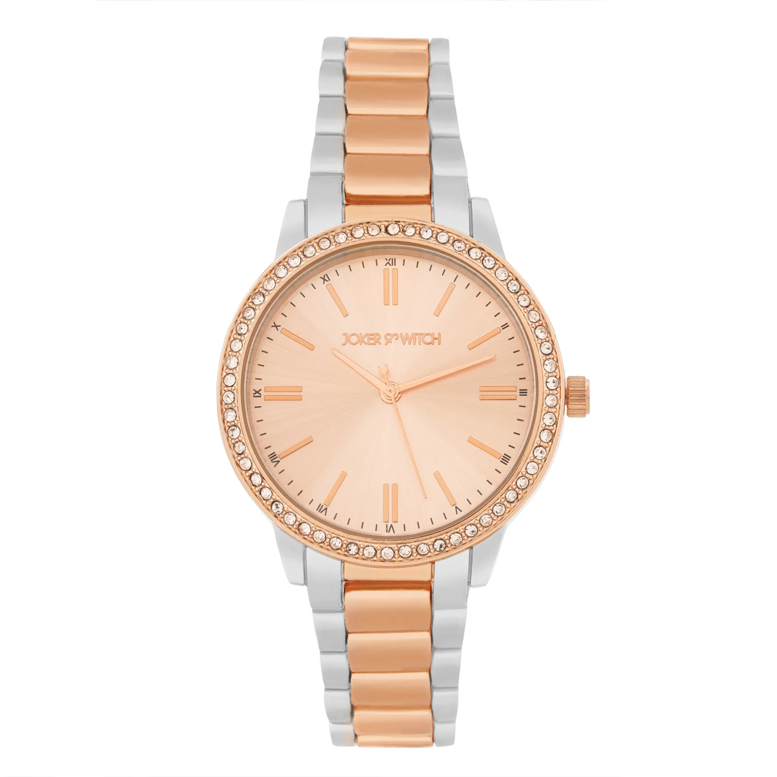 Halo Rose Gold Large Rhinestone Dial Dual Tone Linked Chain Strap Women's Watch - Image 3