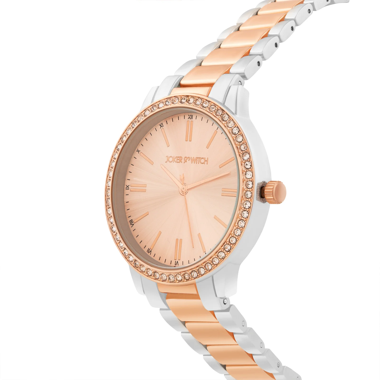 Halo Rose Gold Large Rhinestone Dial Dual Tone Linked Chain Strap Women's Watch - Image 4