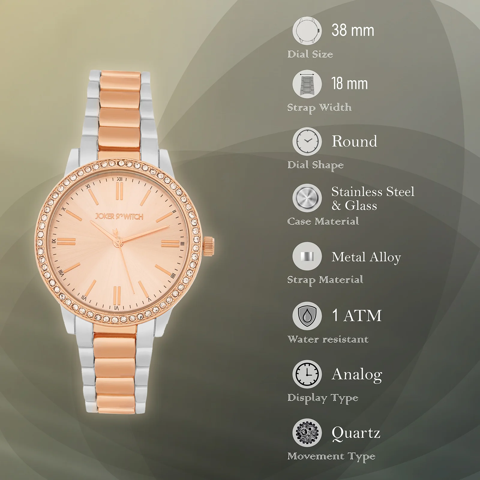 Halo Rose Gold Large Rhinestone Dial Dual Tone Linked Chain Strap Women's Watch - Image 7
