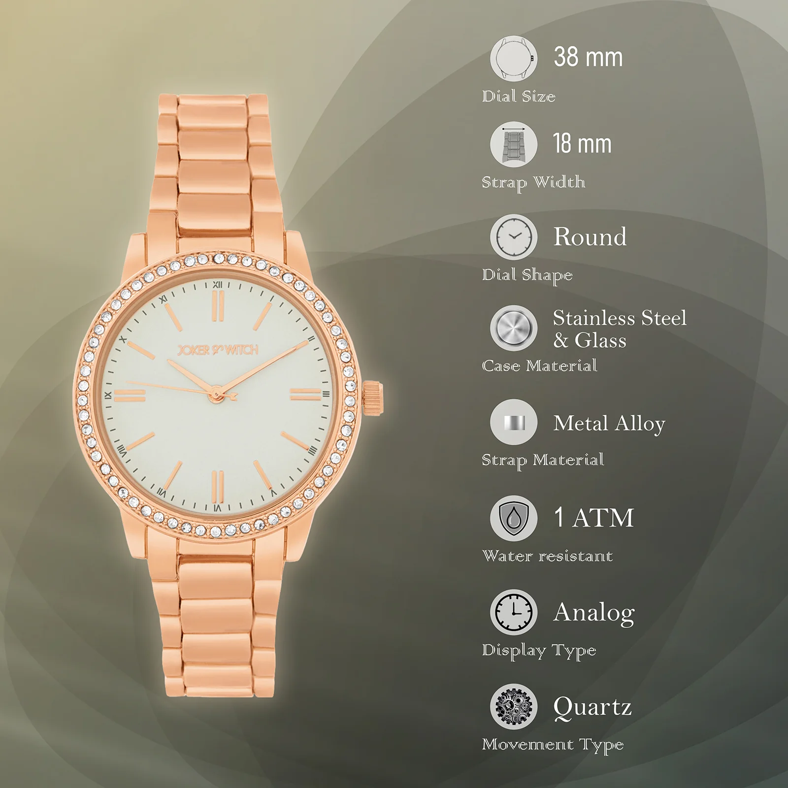 Halo Grey Large Rhinestone Dial Rose Gold Linked Chain Strap Women's Watch - Image 7