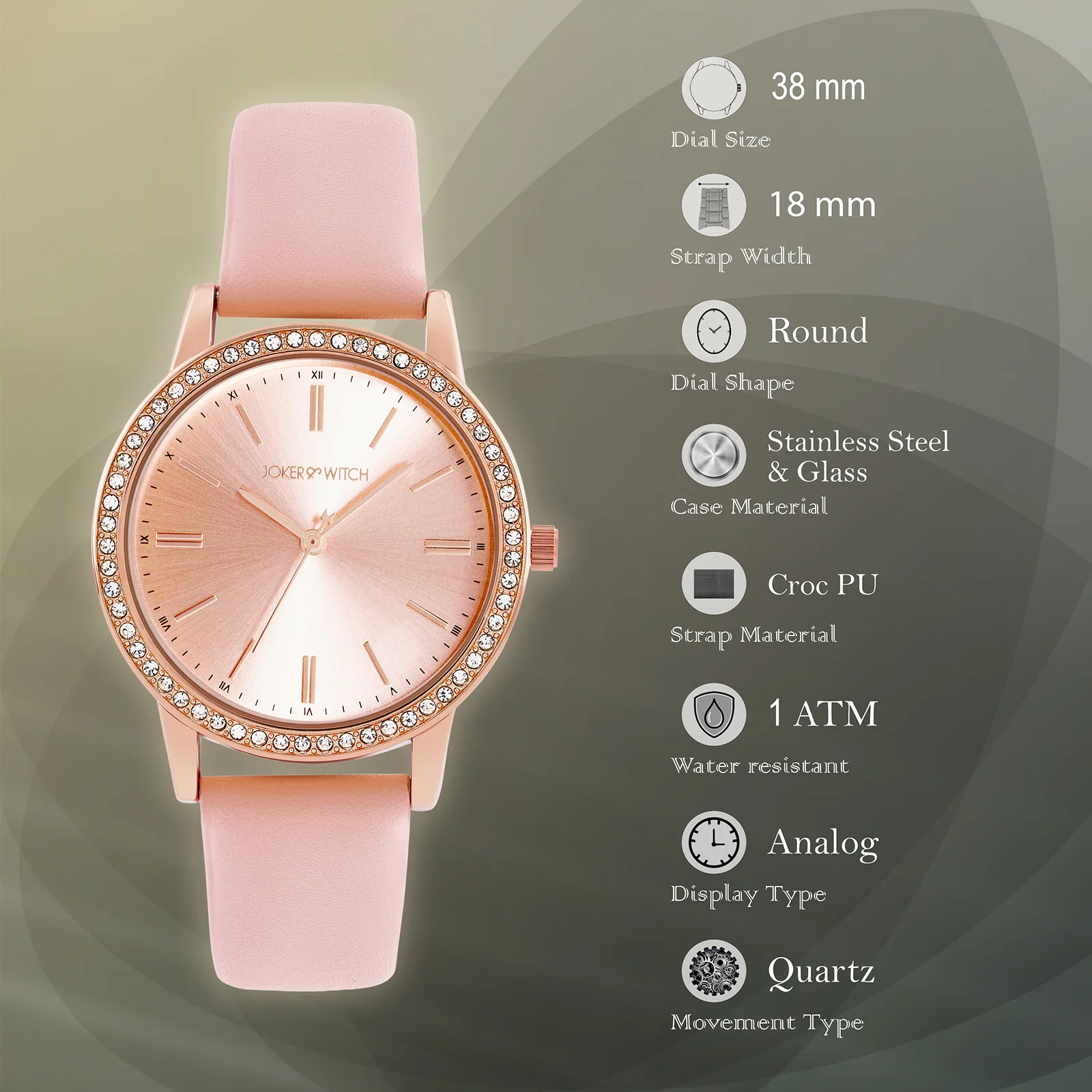 Halo Rosegold Sunray Large Rhinestone Dial Pink PU Strap Women's Watch - Image 8