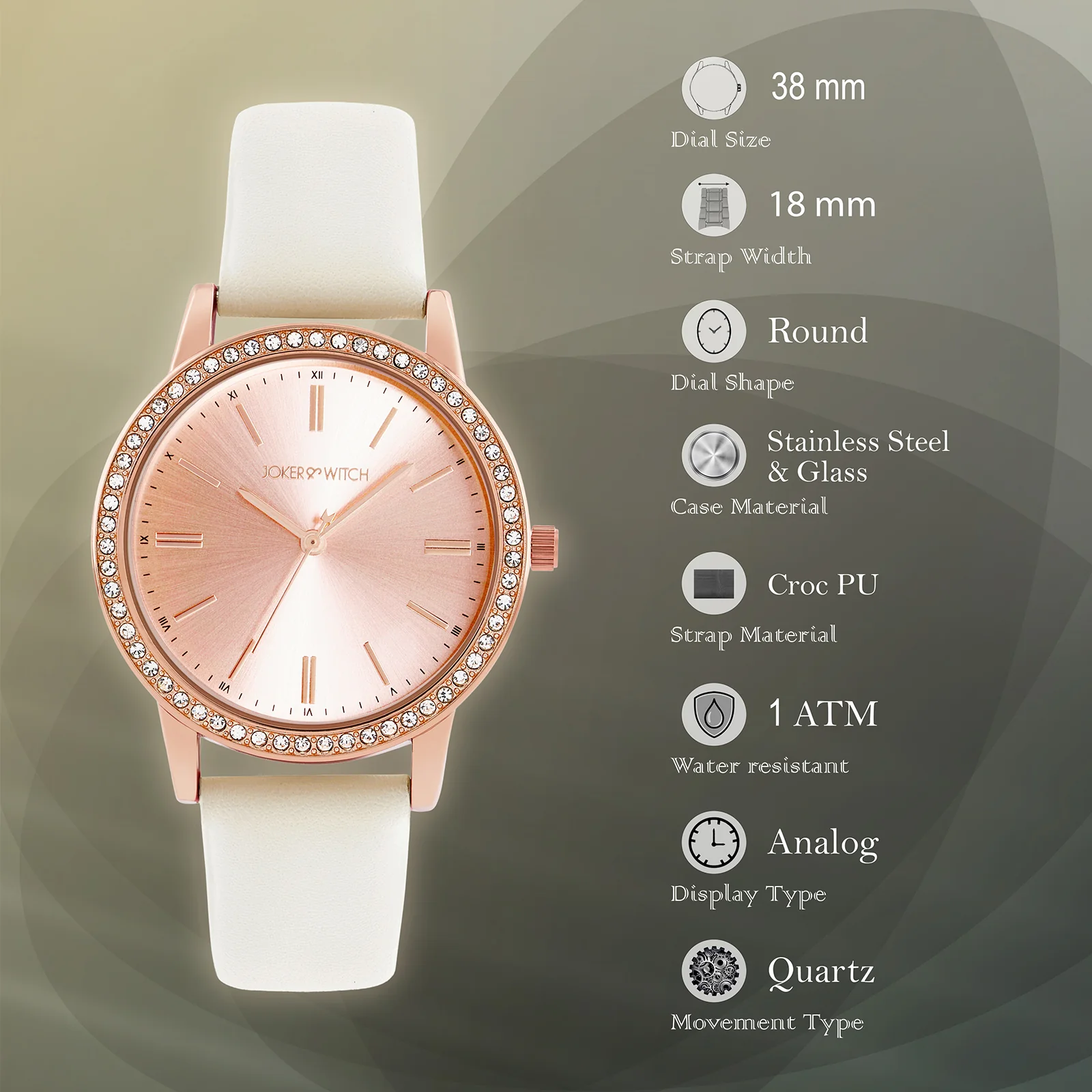Halo Rosegold Sunray Large Rhinestone Dial White PU Strap Women's Watch - Image 7