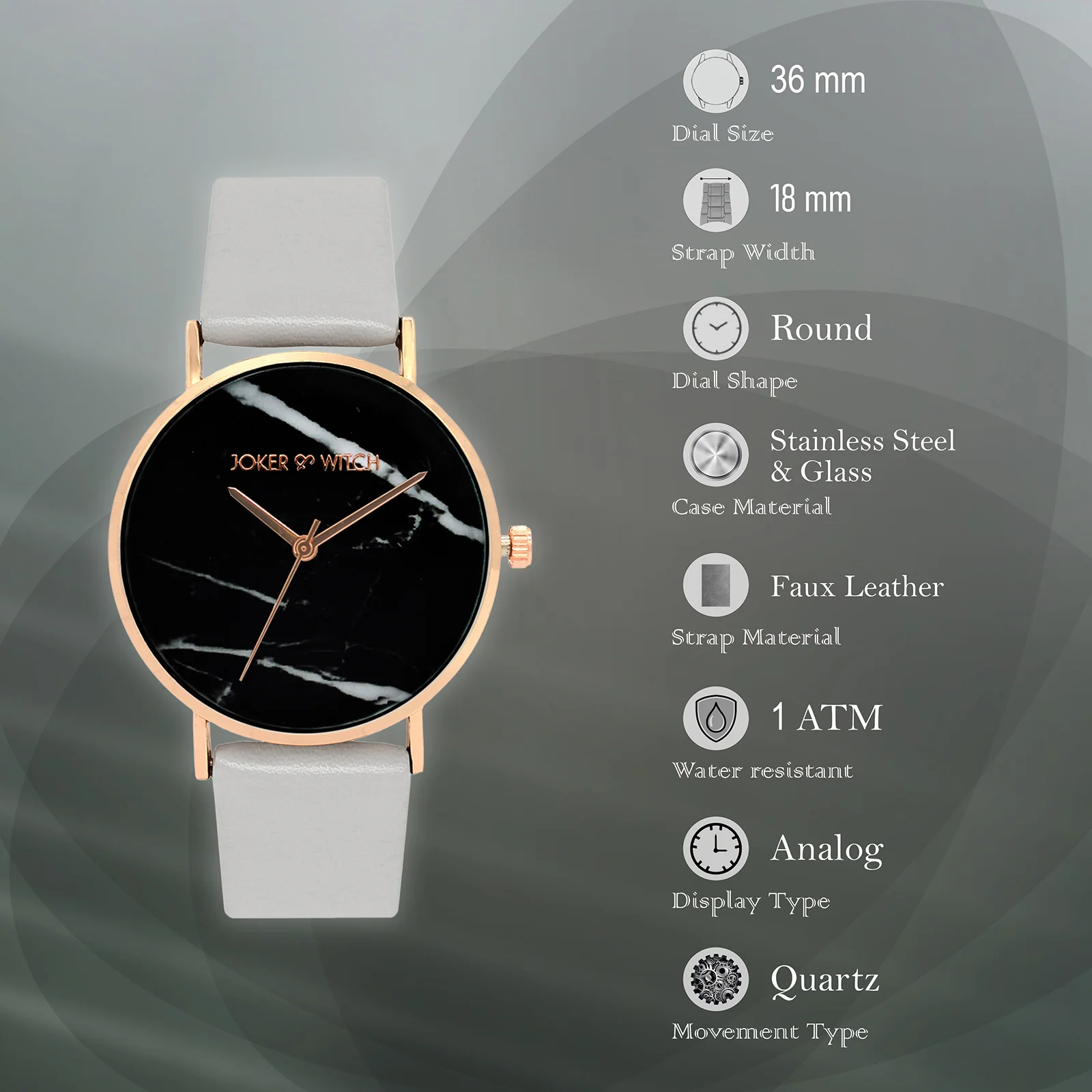 Hannah Black Medium Marble Dial Grey PU Strap Women's Watch - Image 6