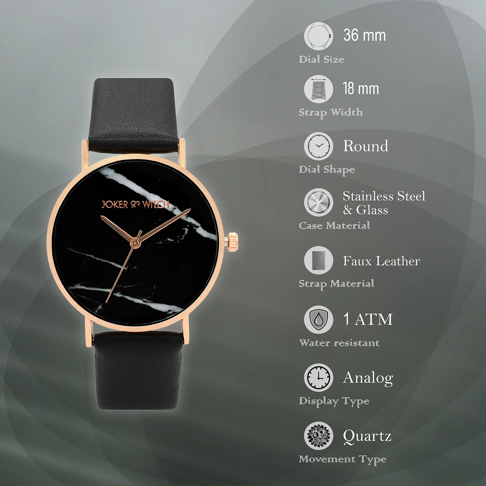 Hannah Black Medium Marble Dial PU Strap Women's Watch - Image 6