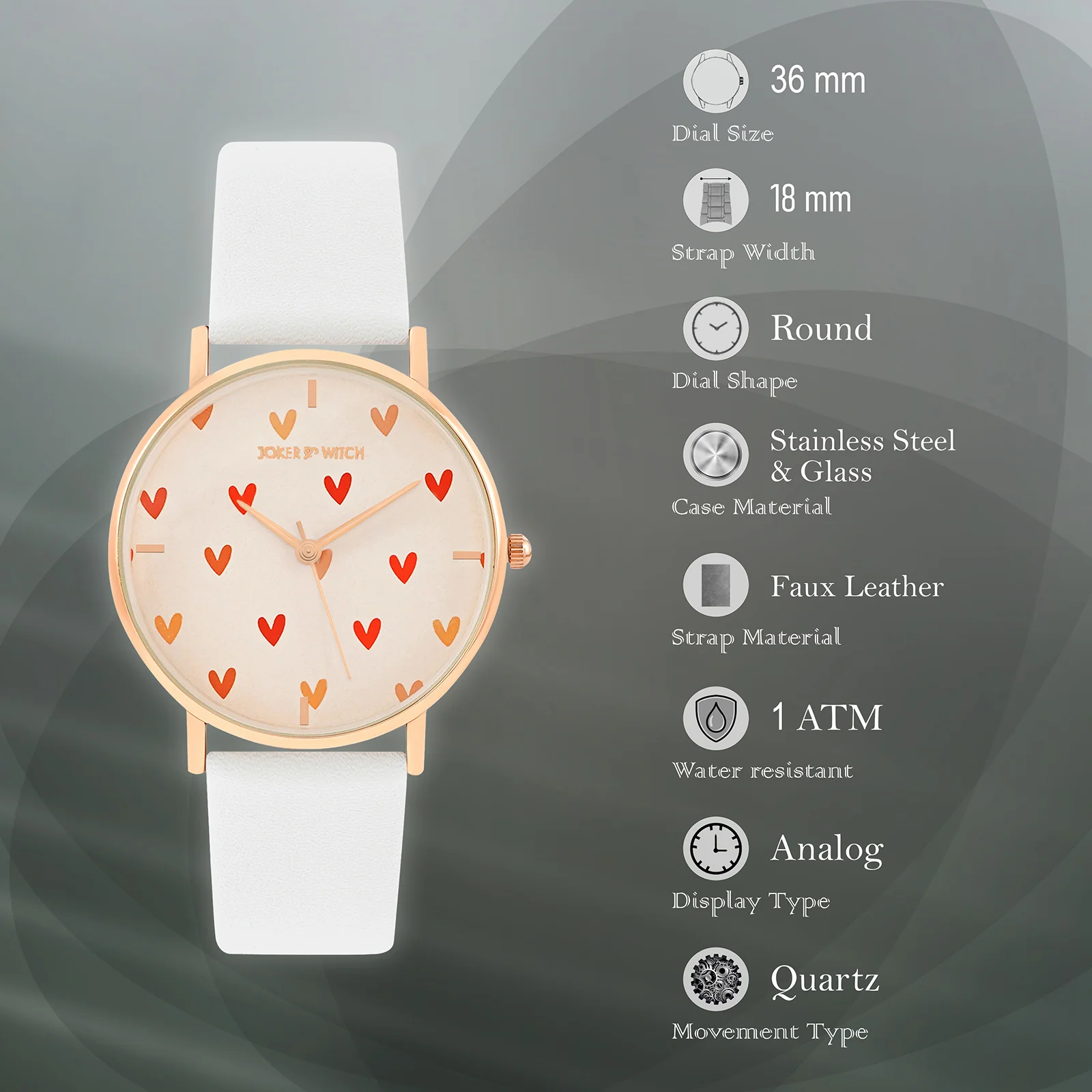 Printed Happy Heart Pink Medium Dial White PU Strap Women's Watch - Image 7