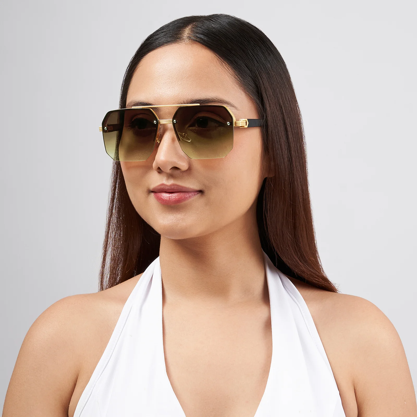 Hexa Geometric Sunglasses With Gold Frame And Tan Ombre Lenses - Image 2