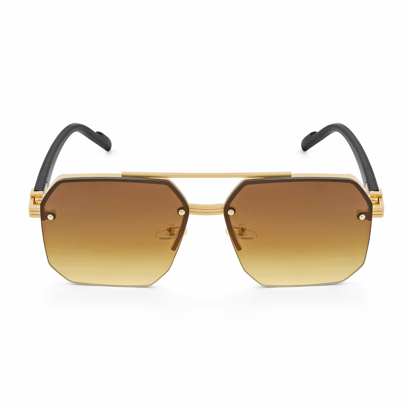 Hexa Geometric Sunglasses With Gold Frame And Tan Ombre Lenses - Image 3
