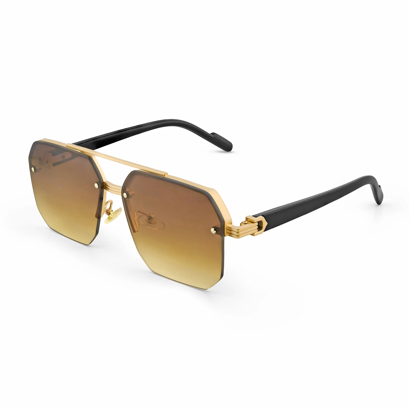 Hexa Geometric Sunglasses With Gold Frame And Tan Ombre Lenses - Image 4