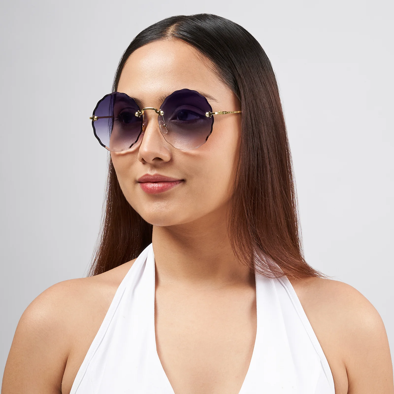 Hippie Rimless Flower Sunglasses With Purple Ombre Lenses - Image 2
