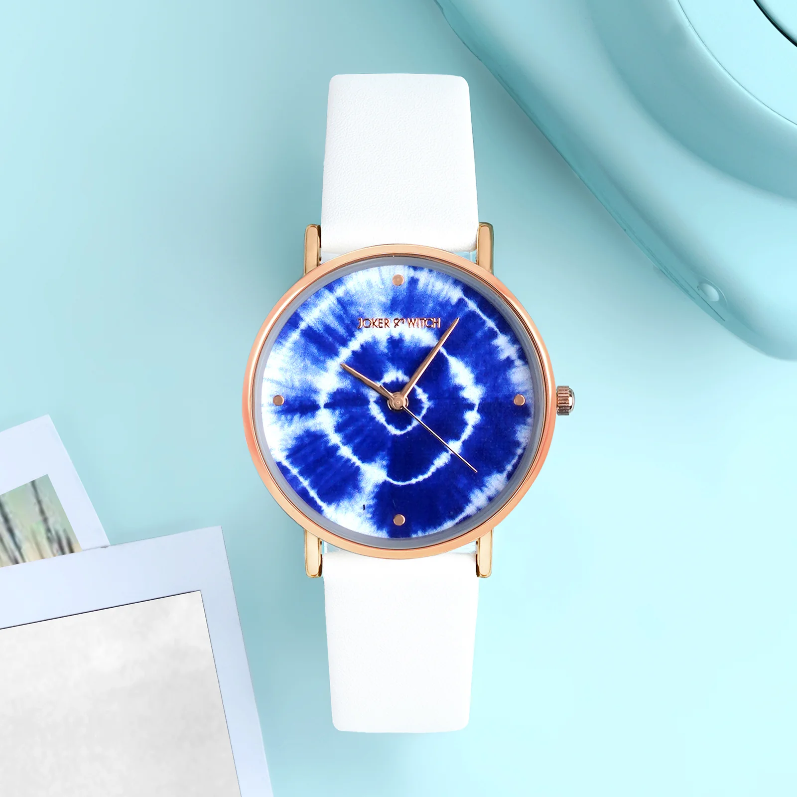 Printed Indigo Tie-Dye Blue Medium Dial White PU Strap Women's Watch - Image 3