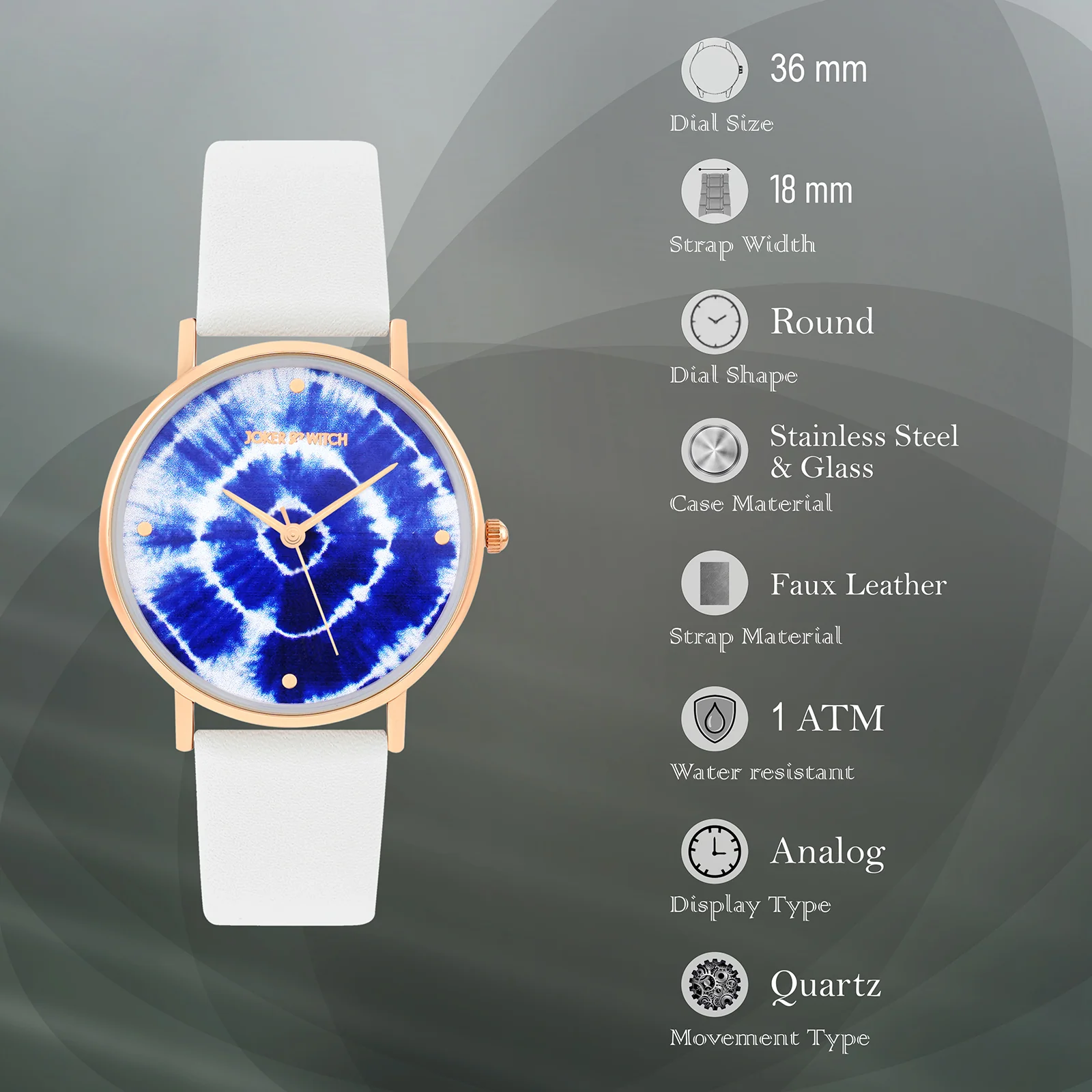Printed Indigo Tie-Dye Blue Medium Dial White PU Strap Women's Watch - Image 7