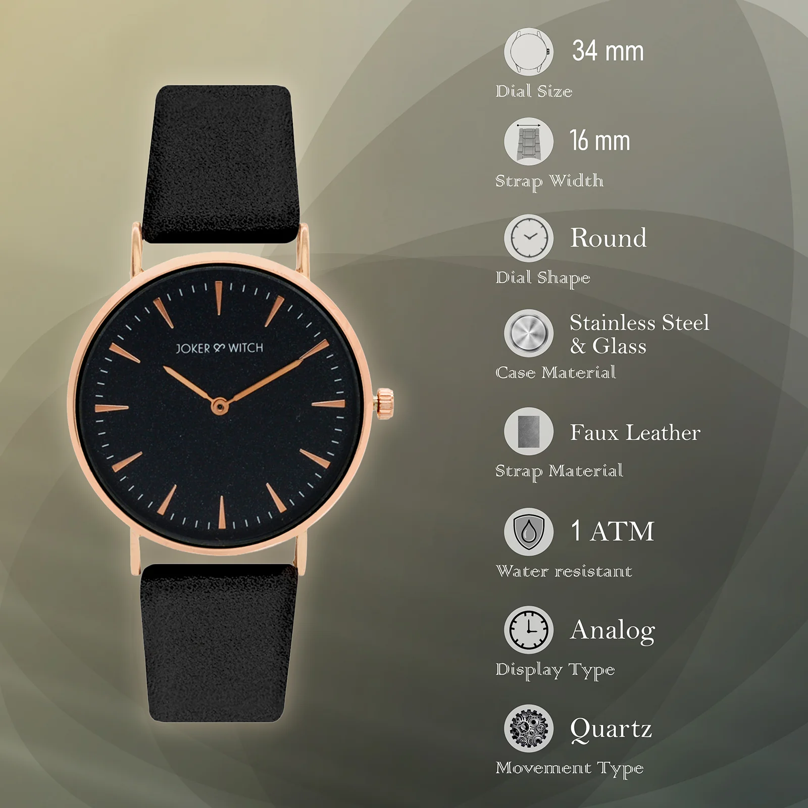 Ines Rose Gold Black Medium Dial PU Strap Women's Watch - Image 6