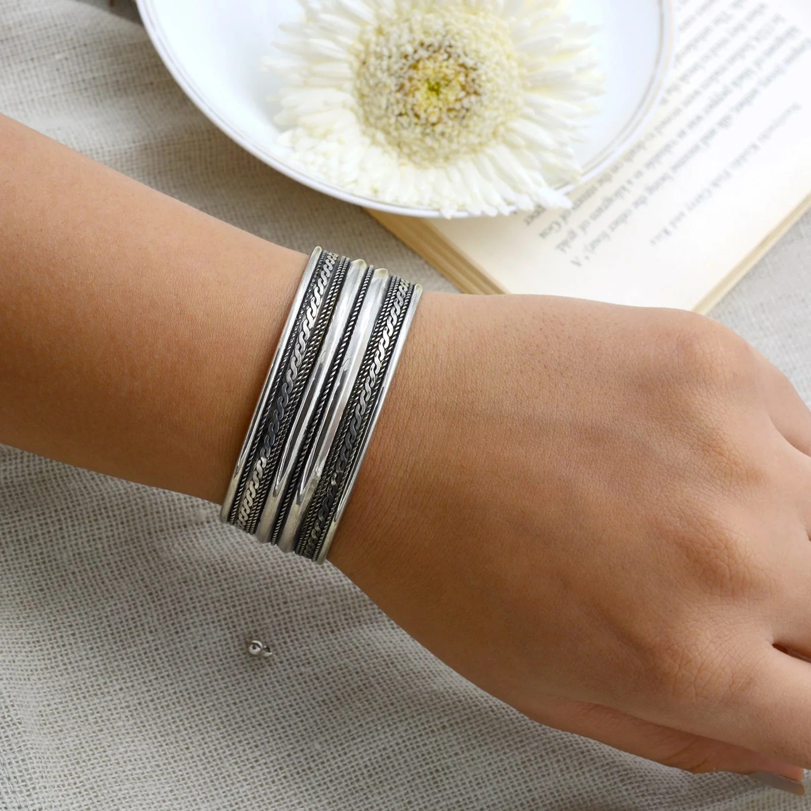 Shreya Embossed Silver Oxidized Bracelet Cuff - Image 2